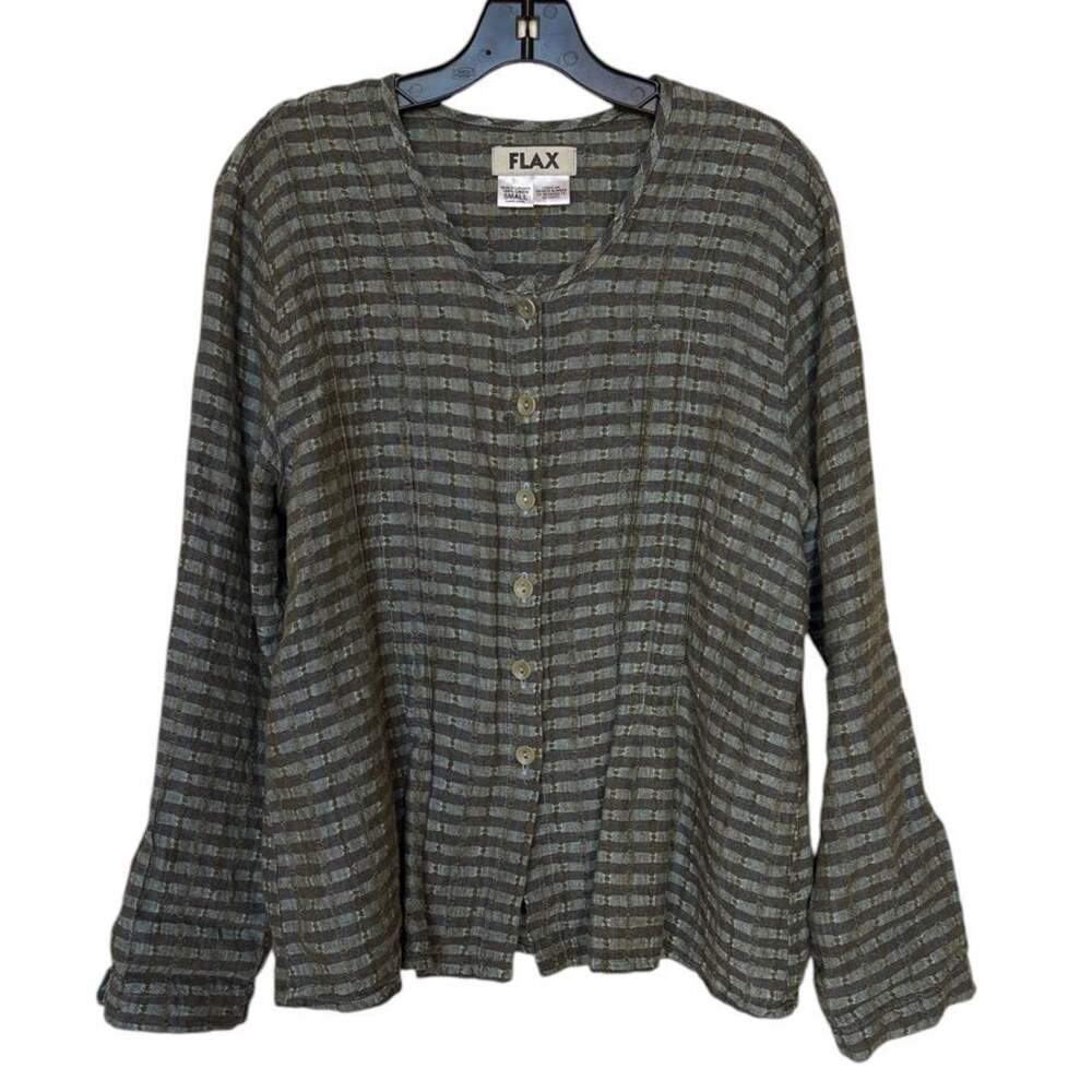 Flax Textured Linen Plaid Button Up Collarless Shirt / Cardigan w Pin Tucks sz S
